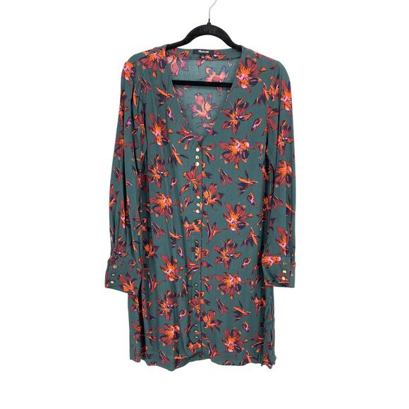 Madewell Easy Dress Womens Small Long Sleeve Button Front Green Floral Print - Picture 1 of 6